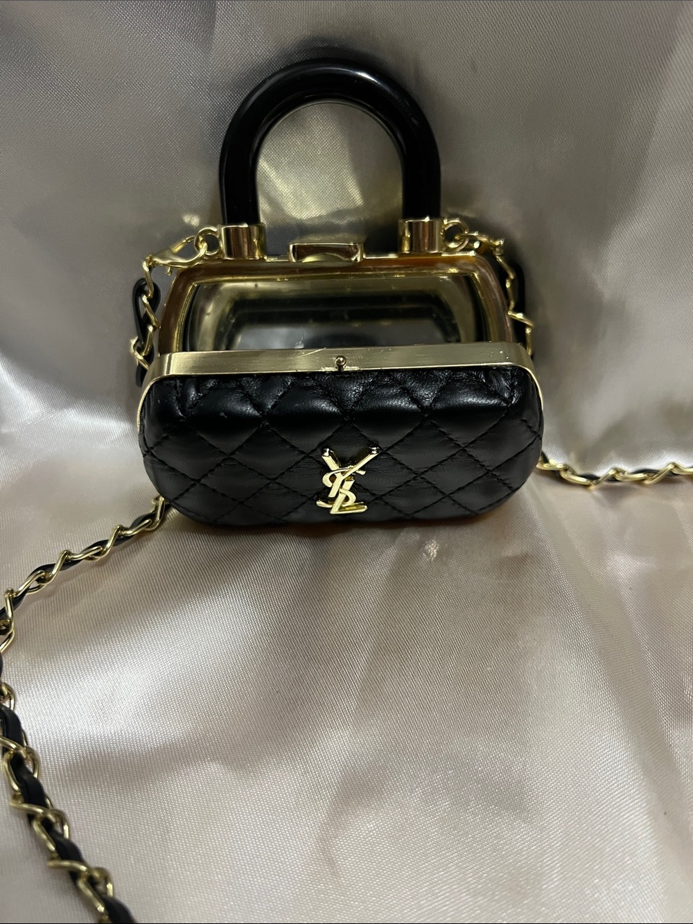 Black Quilted Mini Mirror Frame Crossbody with Gold Hardware